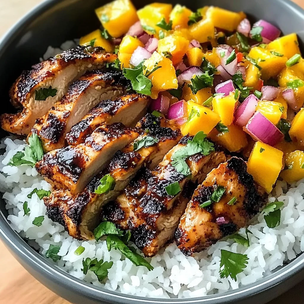 Jerk Chicken Bowls with Mango Salsa and Coconut Rice