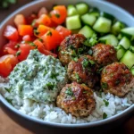 Greek Meatball Bowl with Tzatziki, Rice & Fresh Veggies