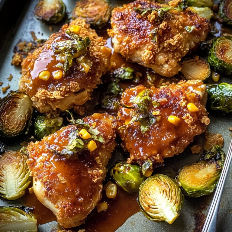 Sheet Pan Hot Honey Mustard Chicken and Crispy Brussels Sprouts.