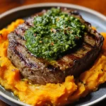 Steak with Green Sauce and Mashed Sweet Potatoes